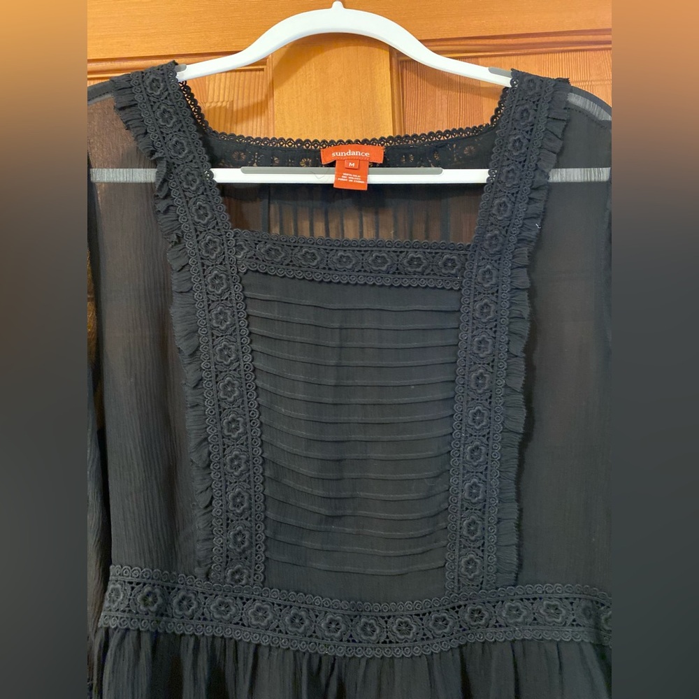Sundance Very Black Sheer silk Blouse with lace detail. Beautiful Elegant - Picture 4 of 14